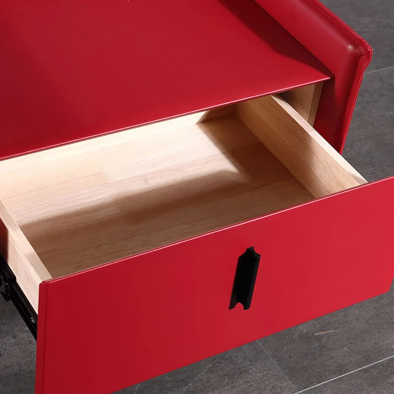 Contemporary Scandinavian Red Faux Leather Nightstand - Square 1-Drawer Bedside Table For Bedroom