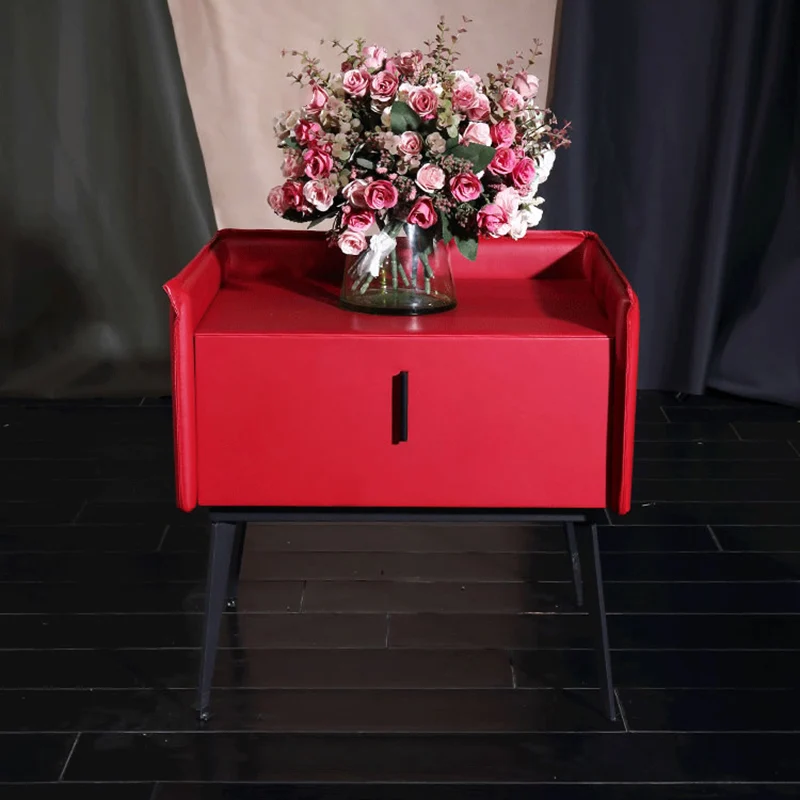 Contemporary Scandinavian Red Faux Leather Nightstand - Square 1-Drawer Bedside Table For Bedroom