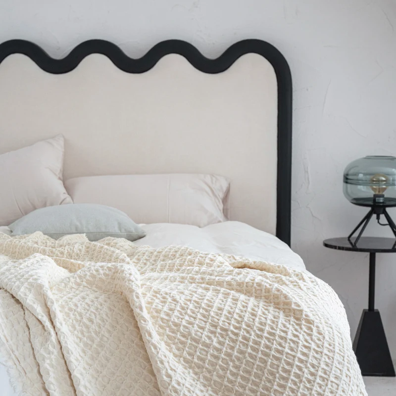 Wavy Paint-Free Solid Wood Bed Frame - Beige Linen French Design For Your Bedroom