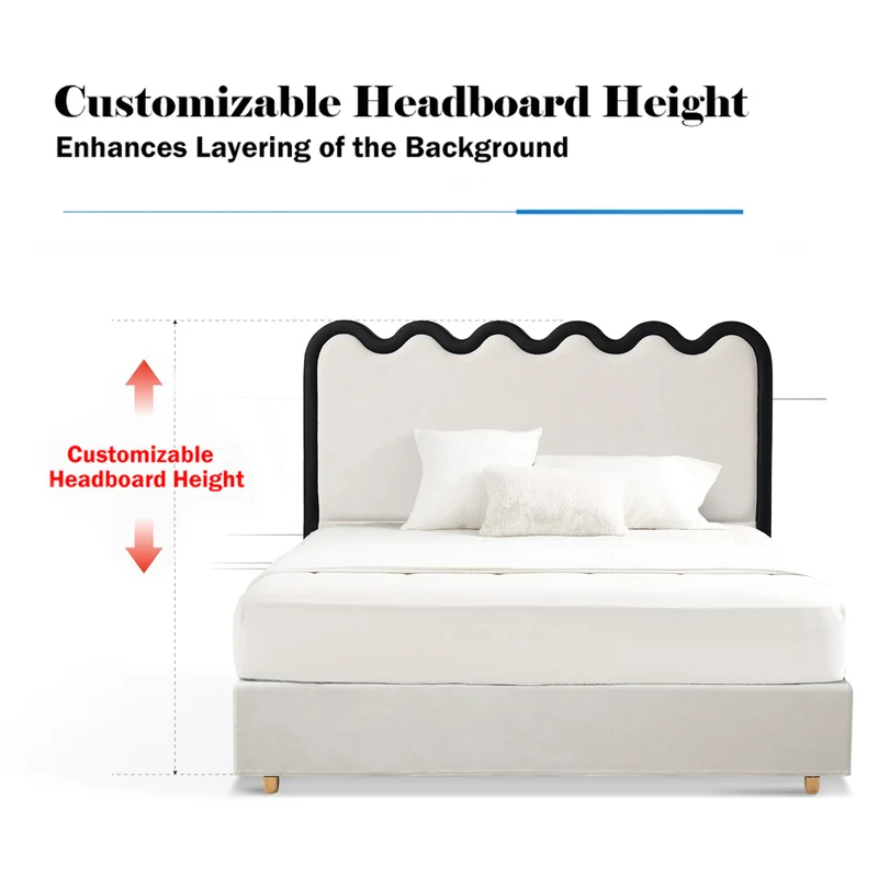 Wavy Paint-Free Solid Wood Bed Frame - Beige Linen French Design For Your Bedroom