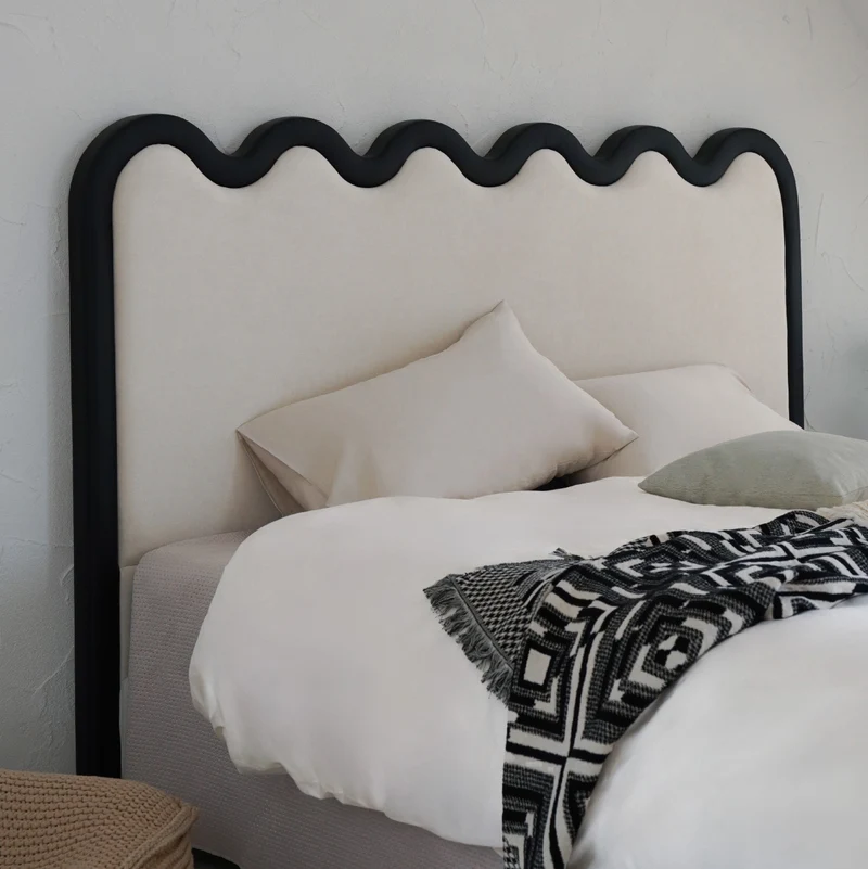 Wavy Paint-Free Solid Wood Bed Frame - Beige Linen French Design For Your Bedroom