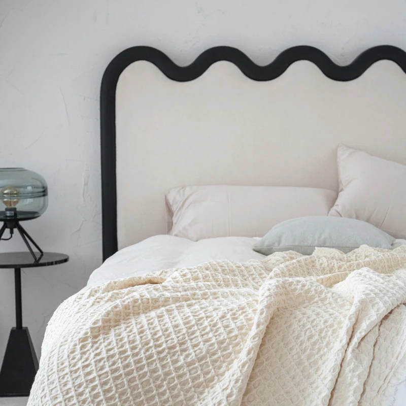 Wavy Paint-Free Solid Wood Bed Frame - Beige Linen French Design For Your Bedroom