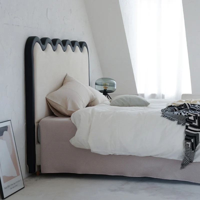 Wavy Paint-Free Solid Wood Bed Frame - Beige Linen French Design For Your Bedroom