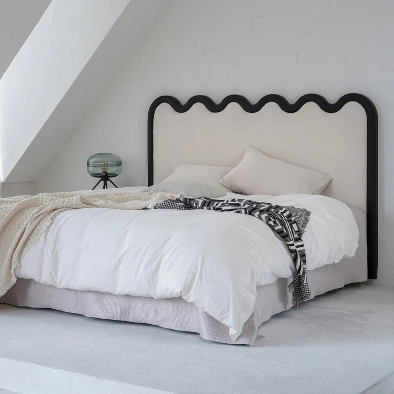 Wavy Paint-Free Solid Wood Bed Frame - Beige Linen French Design For Your Bedroom