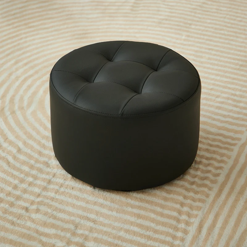 Contemporary Scandinavian Cat Scratch Leather Pine Wood Round Cylinder Low Stool For Living Room