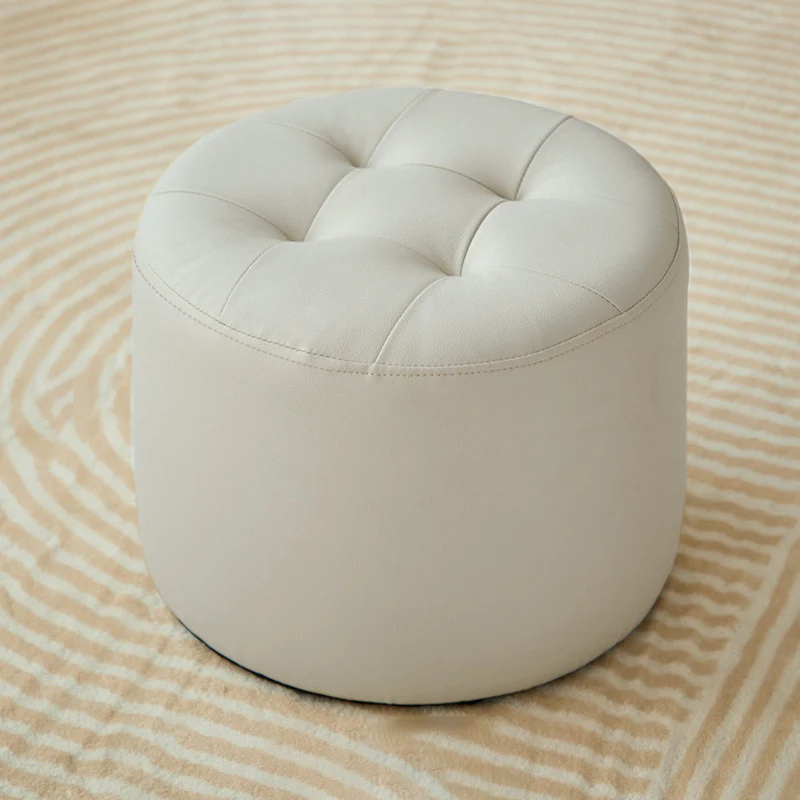 Contemporary Scandinavian Cat Scratch Leather Pine Wood Round Cylinder Low Stool For Living Room