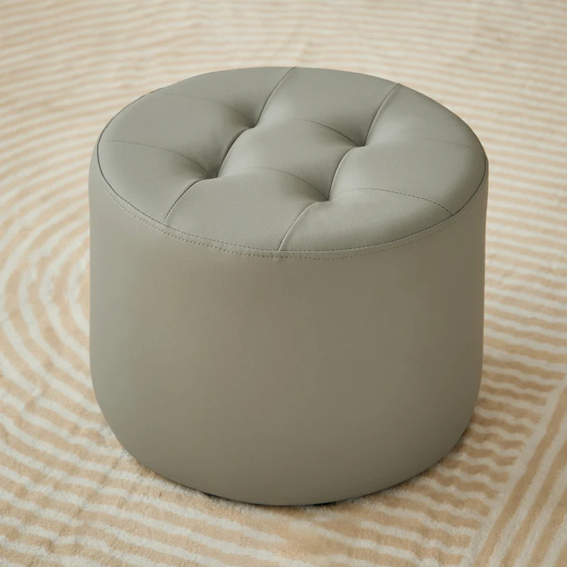Contemporary Scandinavian Cat Scratch Leather Pine Wood Round Cylinder Low Stool For Living Room
