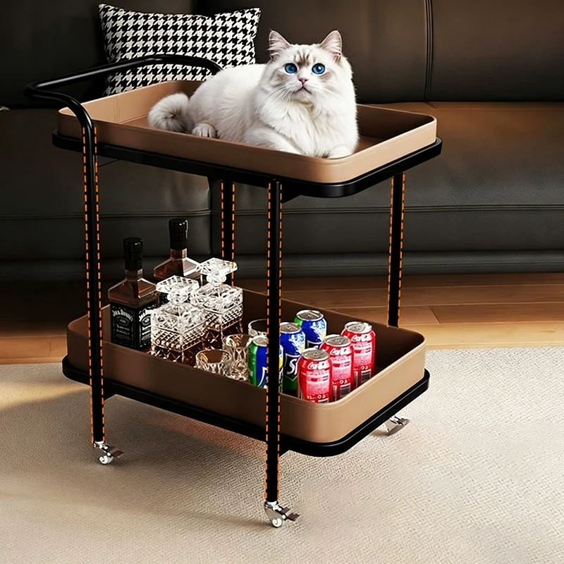 Contemporary Scandinavian Saddle-Style Faux Leather Carbon Steel Movable Cylindrical Rectangular Side Table With 2-Tier For Living Room
