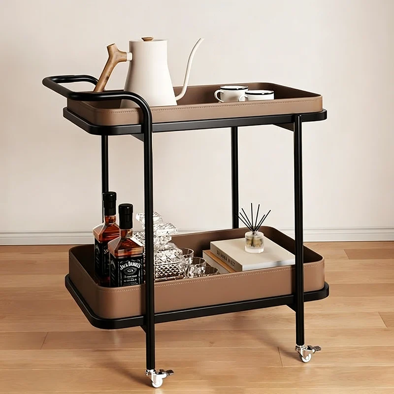 Contemporary Scandinavian Saddle-Style Faux Leather Carbon Steel Movable Cylindrical Rectangular Side Table With 2-Tier For Living Room