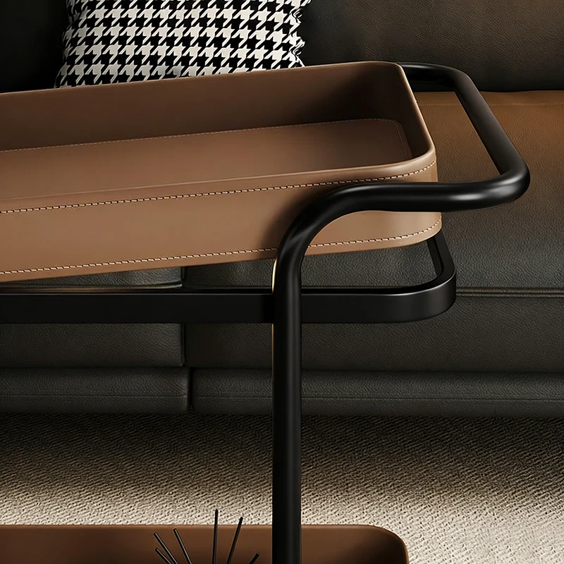 Contemporary Scandinavian Saddle-Style Faux Leather Carbon Steel Movable Cylindrical Rectangular Side Table With 2-Tier For Living Room