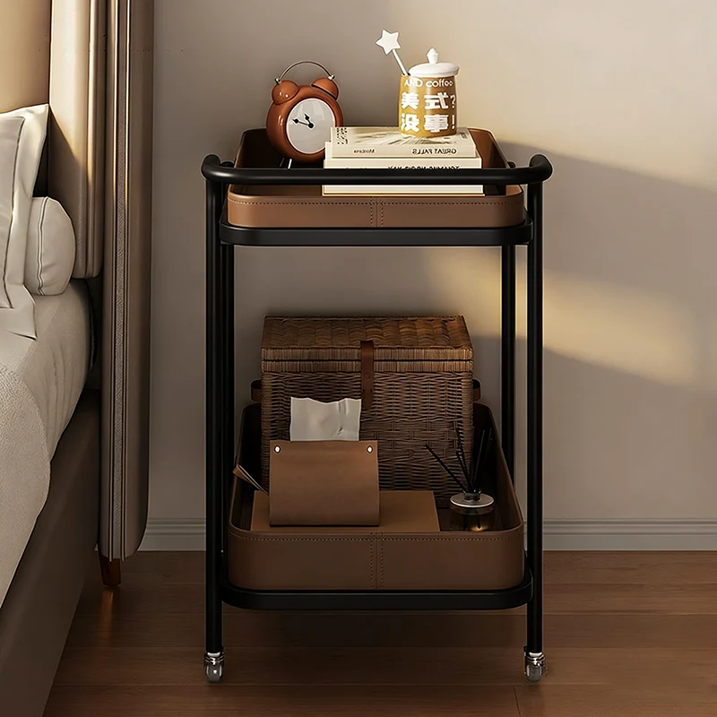 Contemporary Scandinavian Saddle-Style Faux Leather Carbon Steel Movable Cylindrical Rectangular Side Table With 2-Tier For Living Room