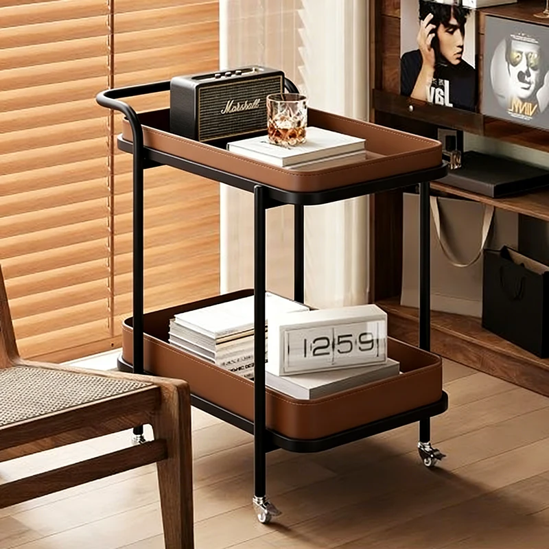 Contemporary Scandinavian Saddle-Style Faux Leather Carbon Steel Movable Cylindrical Rectangular Side Table With 2-Tier For Living Room