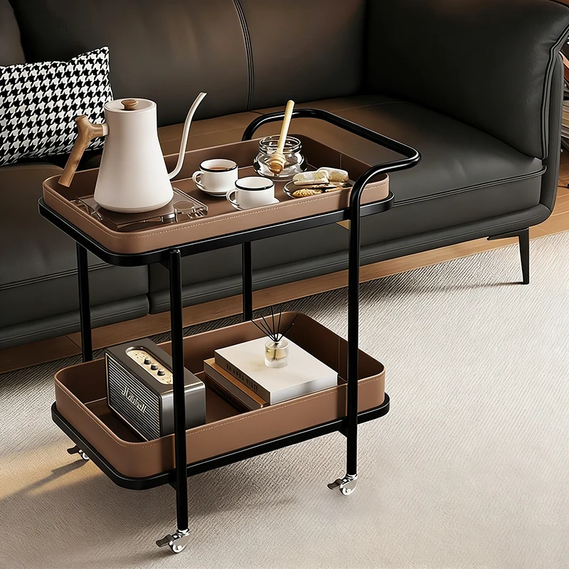 Contemporary Scandinavian Saddle-Style Faux Leather Carbon Steel Movable Cylindrical Rectangular Side Table With 2-Tier For Living Room