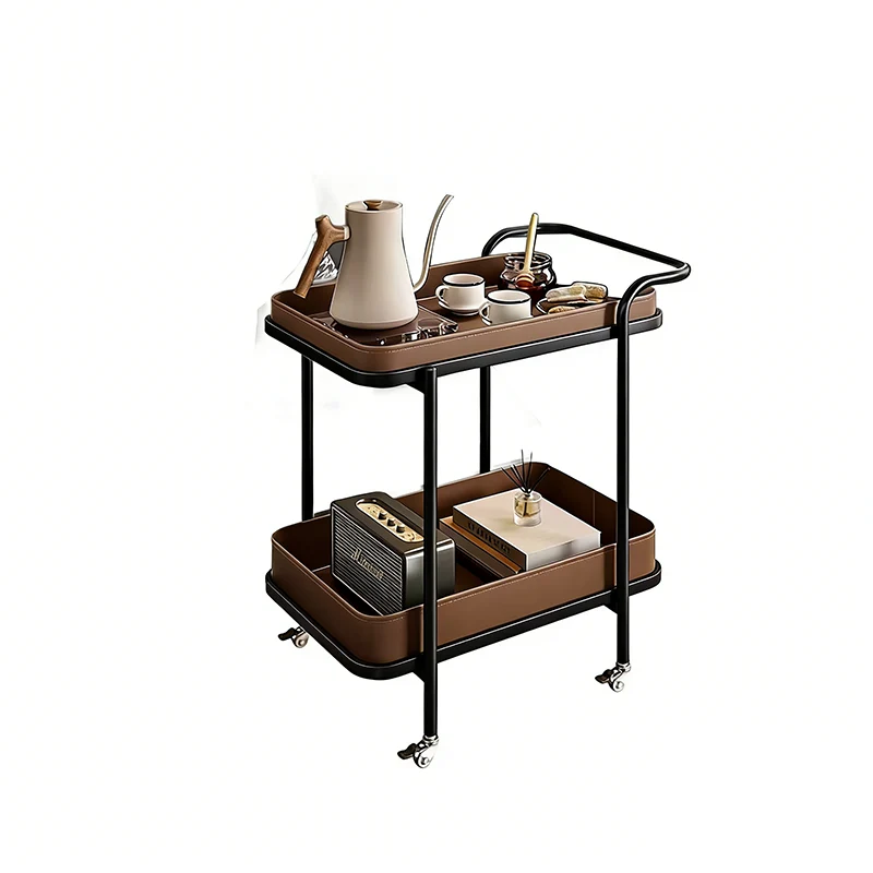 Contemporary Scandinavian Saddle-Style Faux Leather Carbon Steel Movable Cylindrical Rectangular Side Table With 2-Tier For Living Room