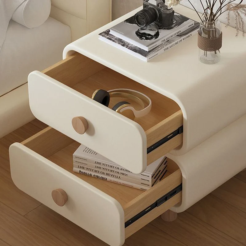 Modern Luxury Cat Scratch Leather Solid Wood Metal Rounded Square Cylinder Nightstand With 2 Drawers For Bedroom