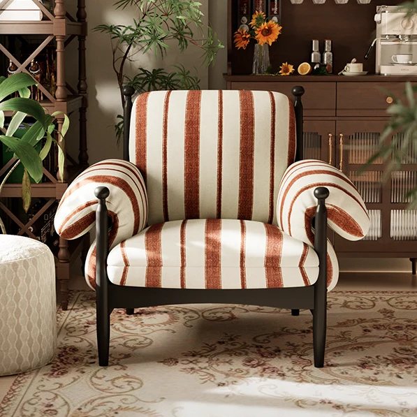 Contemporary Retro Square Rectangular Rubberwood Cotton-Linen Fabric Accent Chair Backrest Armrest For Living Room
