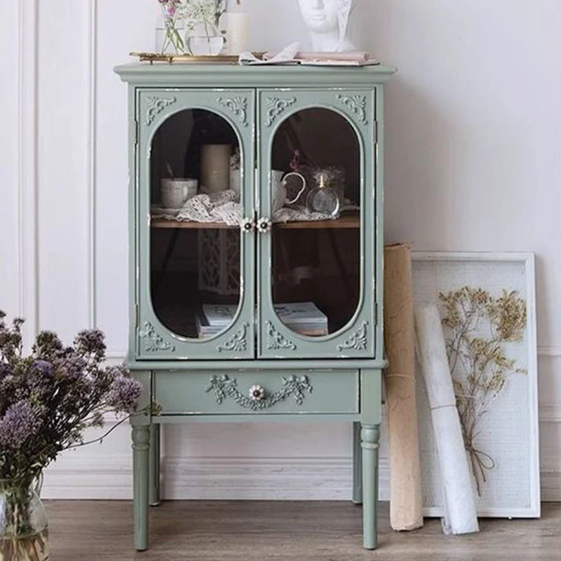 Traditional French Carved Design Rectangular Plywood Glass Side Table 1-Cabinet For Living Room