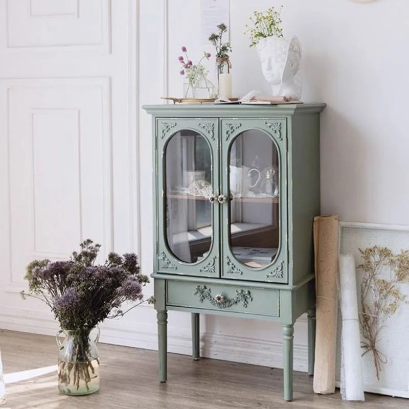 Traditional French Carved Design Rectangular Plywood Glass Side Table 1-Cabinet For Living Room