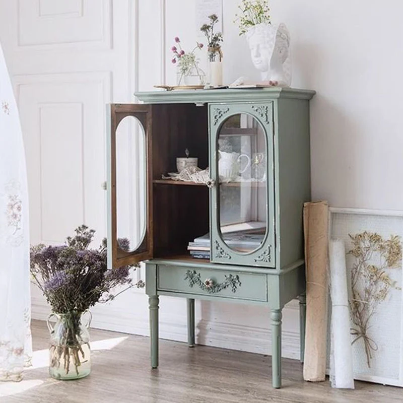 Traditional French Carved Design Rectangular Plywood Glass Side Table 1-Cabinet For Living Room