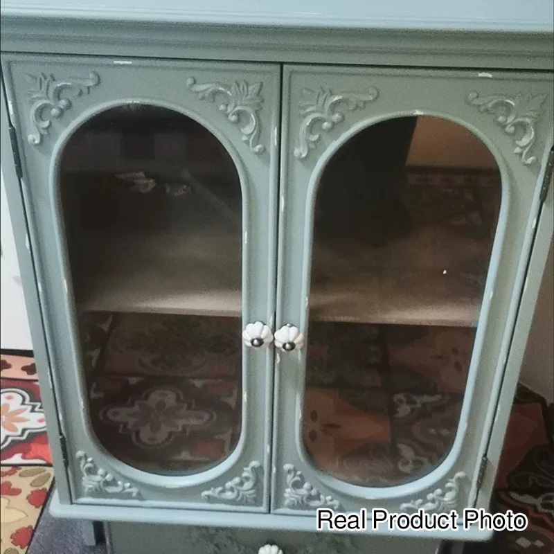 Traditional French Carved Design Rectangular Plywood Glass Side Table 1-Cabinet For Living Room