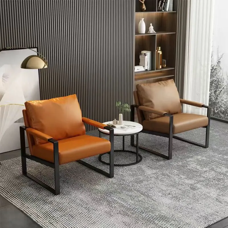 Contemporary Scandinavian Rectangular PU Leather Synthetic Fabric Iron Accent Chair Backrest Armrest For Living Room