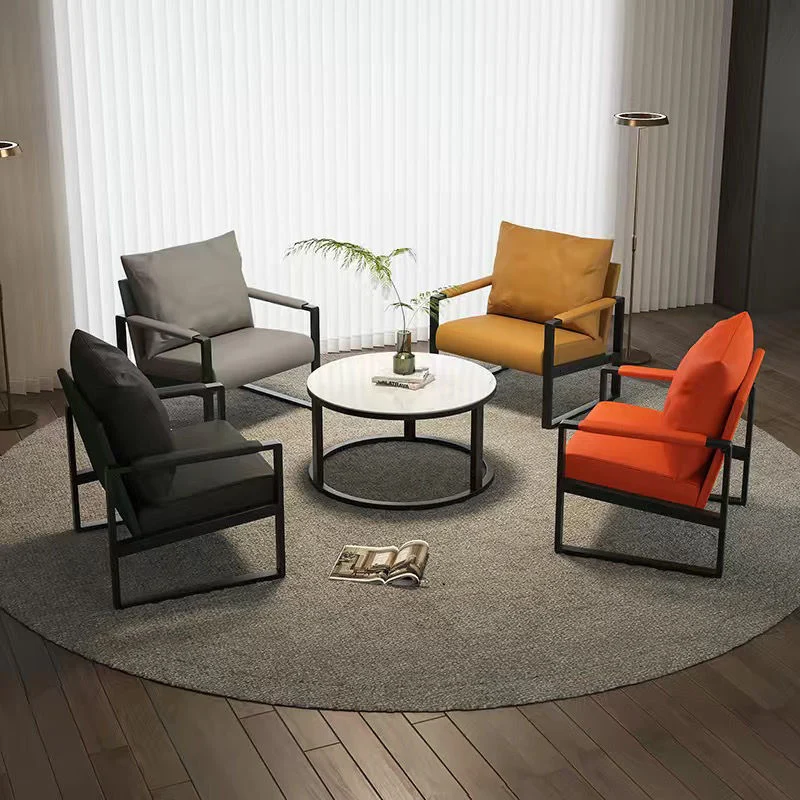 Contemporary Scandinavian Rectangular PU Leather Synthetic Fabric Iron Accent Chair Backrest Armrest For Living Room
