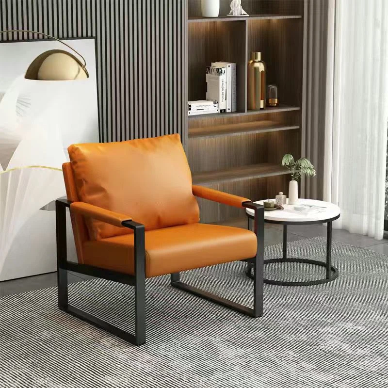 Contemporary Scandinavian Rectangular PU Leather Synthetic Fabric Iron Accent Chair Backrest Armrest For Living Room