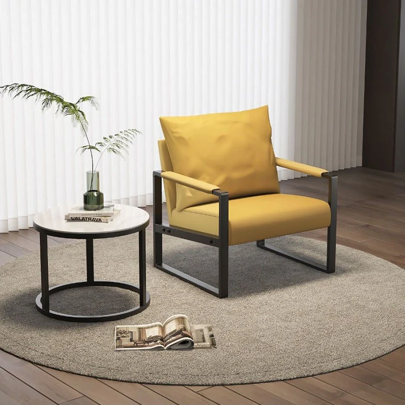 Contemporary Scandinavian Rectangular PU Leather Synthetic Fabric Iron Accent Chair Backrest Armrest For Living Room