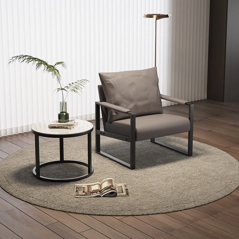 Contemporary Scandinavian Rectangular PU Leather Synthetic Fabric Iron Accent Chair Backrest Armrest For Living Room