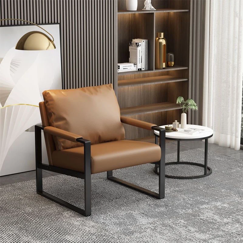 Contemporary Scandinavian Rectangular PU Leather Synthetic Fabric Iron Accent Chair Backrest Armrest For Living Room