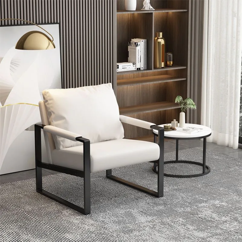 Contemporary Scandinavian Rectangular PU Leather Synthetic Fabric Iron Accent Chair Backrest Armrest For Living Room