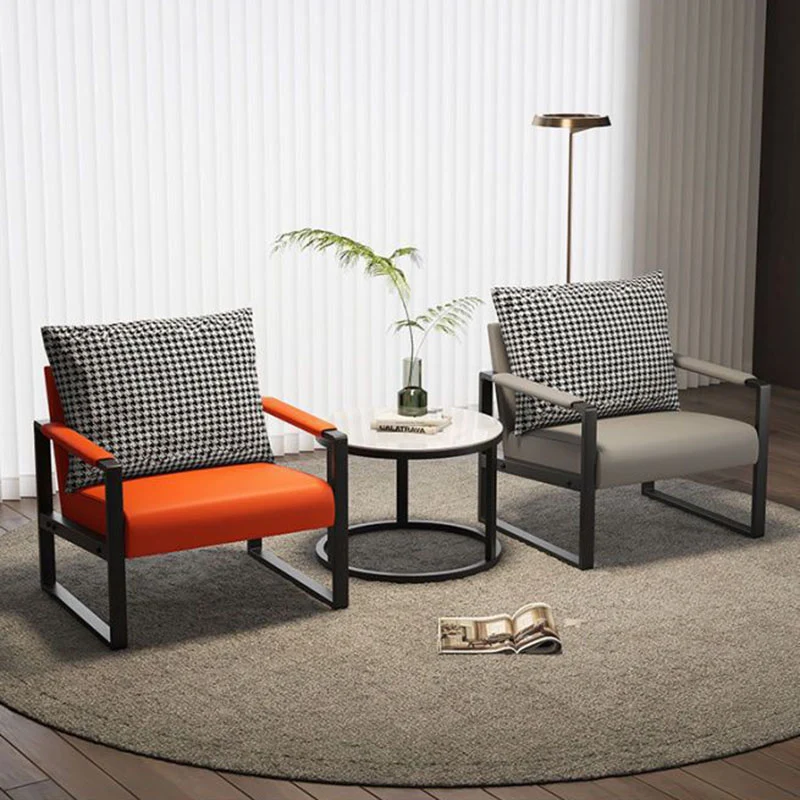 Contemporary Scandinavian Rectangular PU Leather Synthetic Fabric Iron Accent Chair Backrest Armrest For Living Room