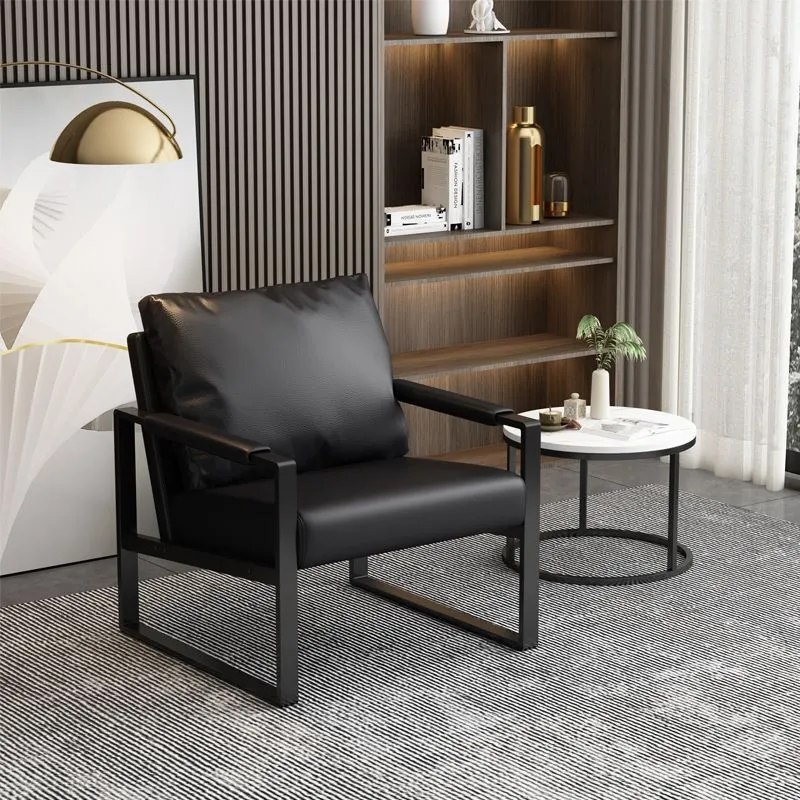 Contemporary Scandinavian Rectangular PU Leather Synthetic Fabric Iron Accent Chair Backrest Armrest For Living Room