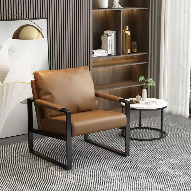Contemporary Scandinavian Rectangular PU Leather Synthetic Fabric Iron Accent Chair Backrest Armrest For Living Room