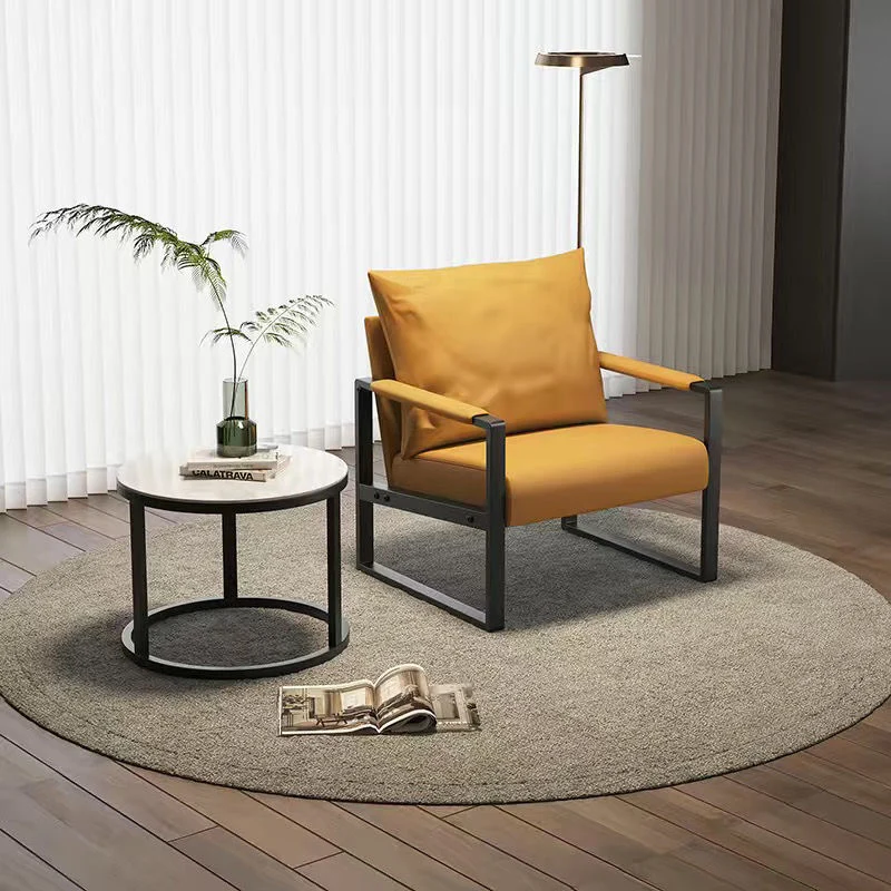 Contemporary Scandinavian Rectangular PU Leather Synthetic Fabric Iron Accent Chair Backrest Armrest For Living Room