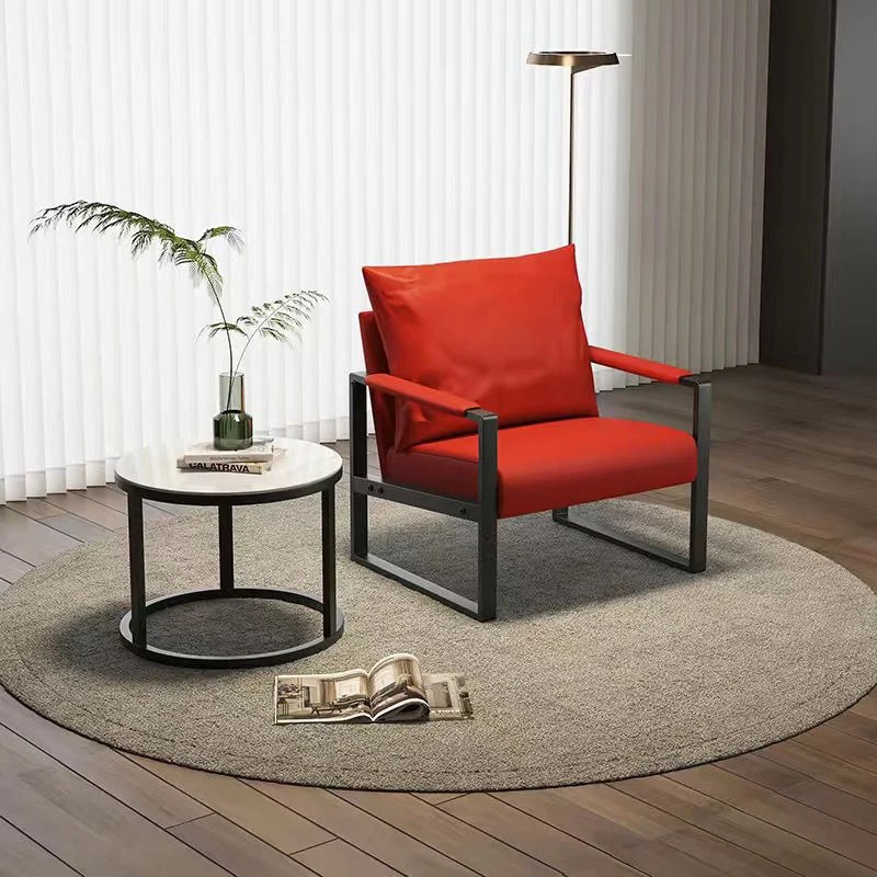 Contemporary Scandinavian Rectangular PU Leather Synthetic Fabric Iron Accent Chair Backrest Armrest For Living Room