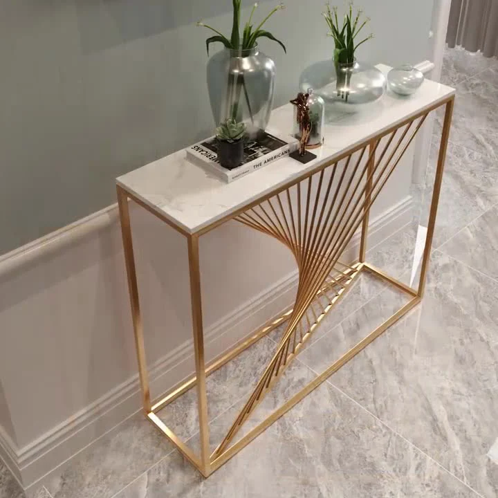 Modern Minimalist Rectangular Iron Stone Slab Console Table 4-Leg For Entryways