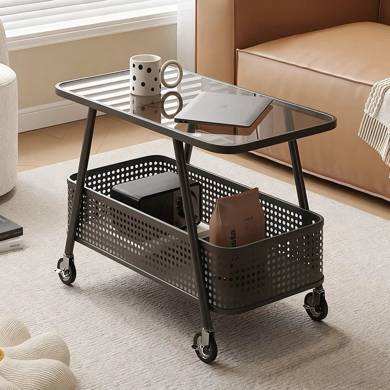 Modern Minimalist Rounded-Edge Design Carbon Steel Stone Slab Tempered Glass Movable Side Table 2-Tier For Living Room