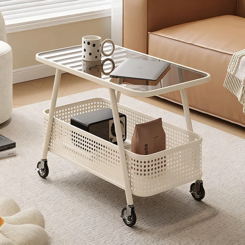 Modern Minimalist Rounded-Edge Design Carbon Steel Stone Slab Tempered Glass Movable Side Table 2-Tier For Living Room
