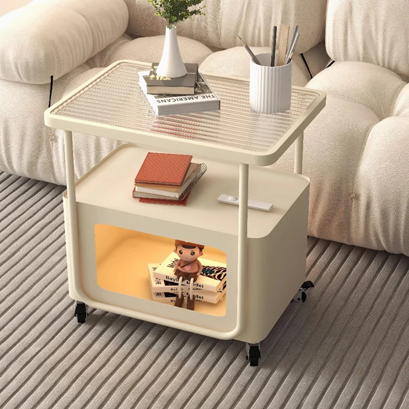 Modern Minimalist Rounded-Edge Design Tempered Glass Wrought Iron Movable Side Table 3-Tier For Living Room