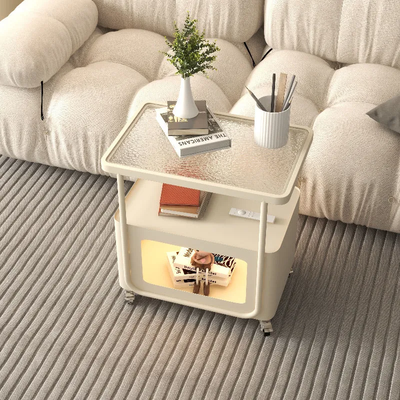 Modern Minimalist Rounded-Edge Design Tempered Glass Wrought Iron Movable Side Table 3-Tier For Living Room