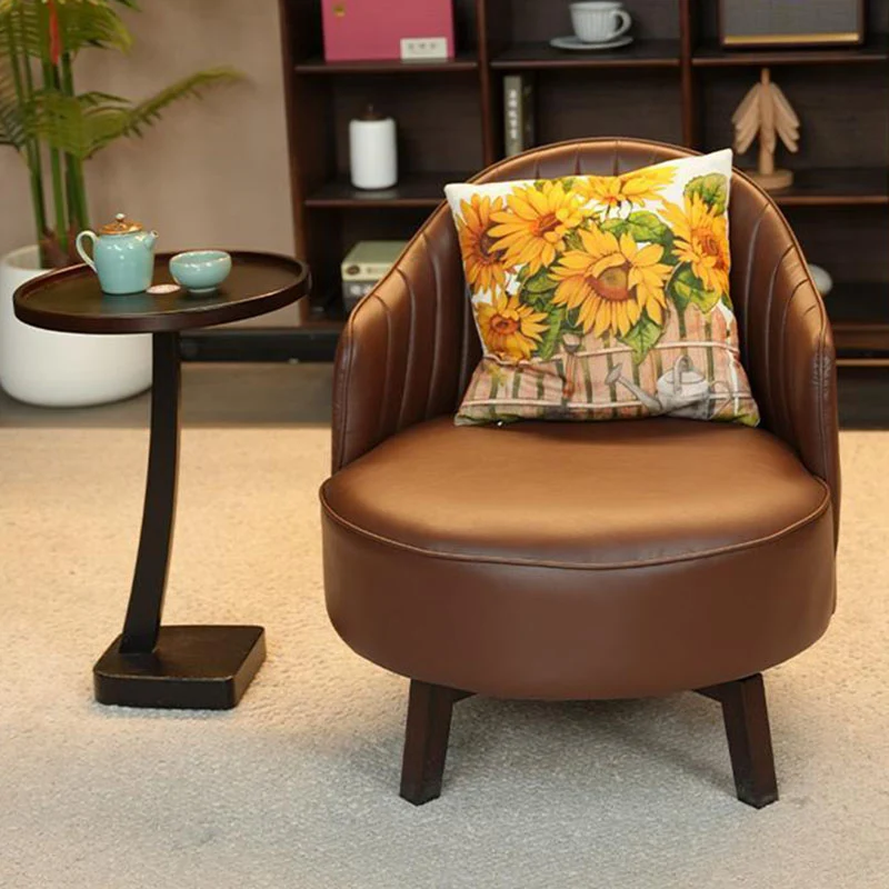 Traditional Vintage Rotatable Round Carbon Steel Faux Oil-Wax Leather Sponge Accent Chair Backrest Armless For Living Room