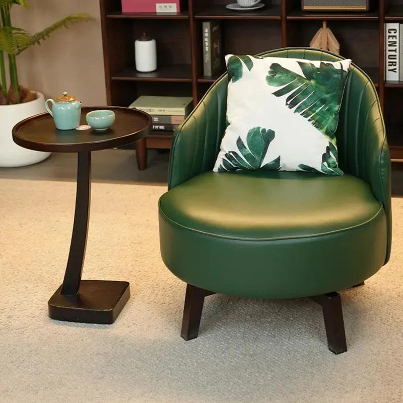 Traditional Vintage Rotatable Round Carbon Steel Faux Oil-Wax Leather Sponge Accent Chair Backrest Armless For Living Room
