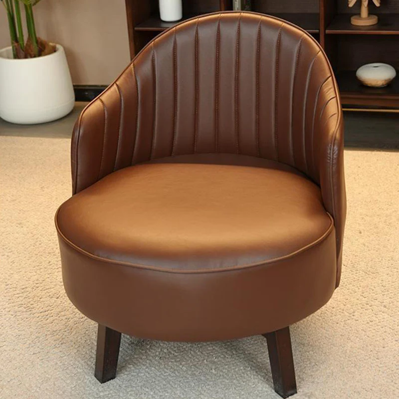 Traditional Vintage Rotatable Round Carbon Steel Faux Oil-Wax Leather Sponge Accent Chair Backrest Armless For Living Room