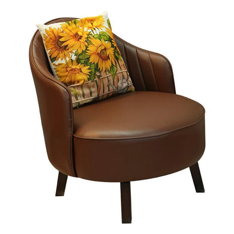 Traditional Vintage Rotatable Round Carbon Steel Faux Oil-Wax Leather Sponge Accent Chair Backrest Armless For Living Room
