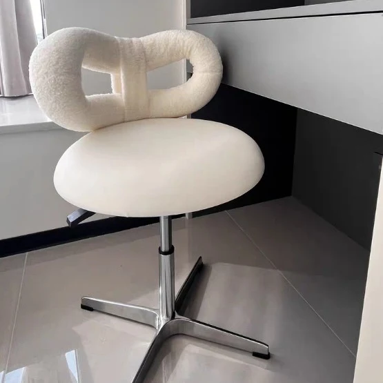 Modern Minimalist Round PU Leather Sherpa Fabric Stainless Steel Swivel Height-adjustable Vanity Stool Backrest Armless For Bedroom