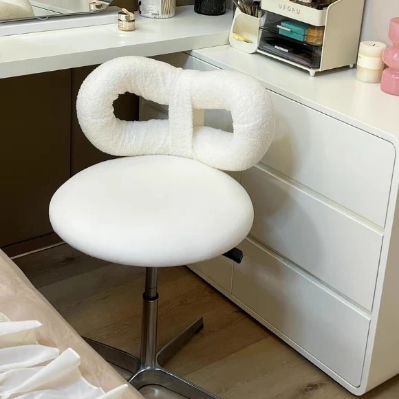 Modern Minimalist Round PU Leather Sherpa Fabric Stainless Steel Swivel Height-adjustable Vanity Stool Backrest Armless For Bedroom