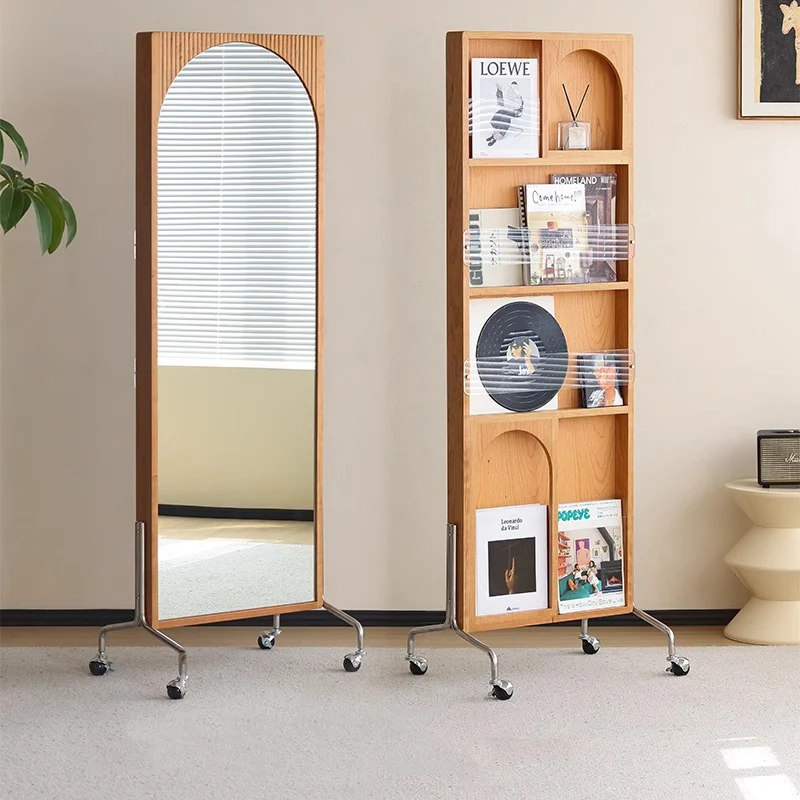 Contemporary Nordic Rectangular Cherry Wood Glass Acrylic Solid Wood Plywood Stainless Steel Full-Length Mirror Bookshelf 4-Tier For Bedroom