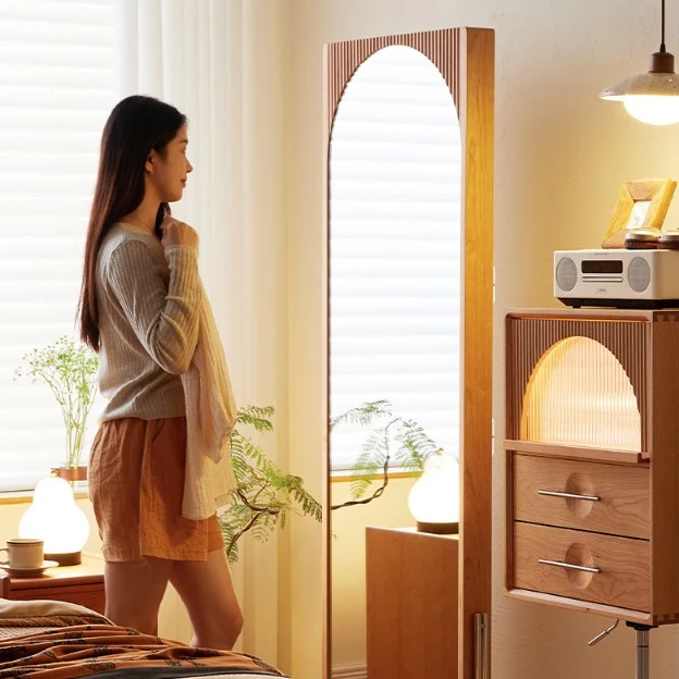 Contemporary Nordic Rectangular Cherry Wood Glass Acrylic Solid Wood Plywood Stainless Steel Full-Length Mirror Bookshelf 4-Tier For Bedroom