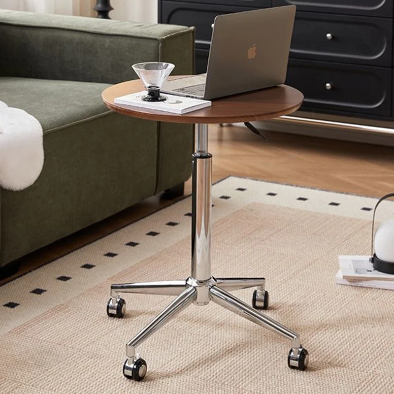 Modern Minimalist Round Medium-Density Fiberboard Carbon Steel Height-Adjustable Movable Side Table For Living Room